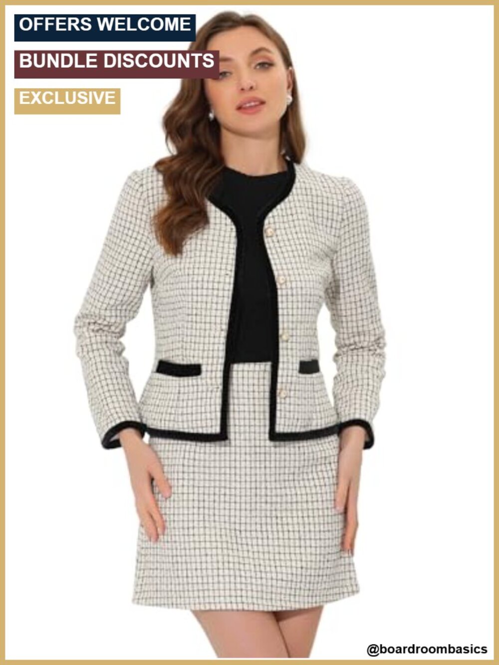 Tweed Two-Piece Suit Set Plaid Boucle Blazer High-Waisted Mini Skirt Business